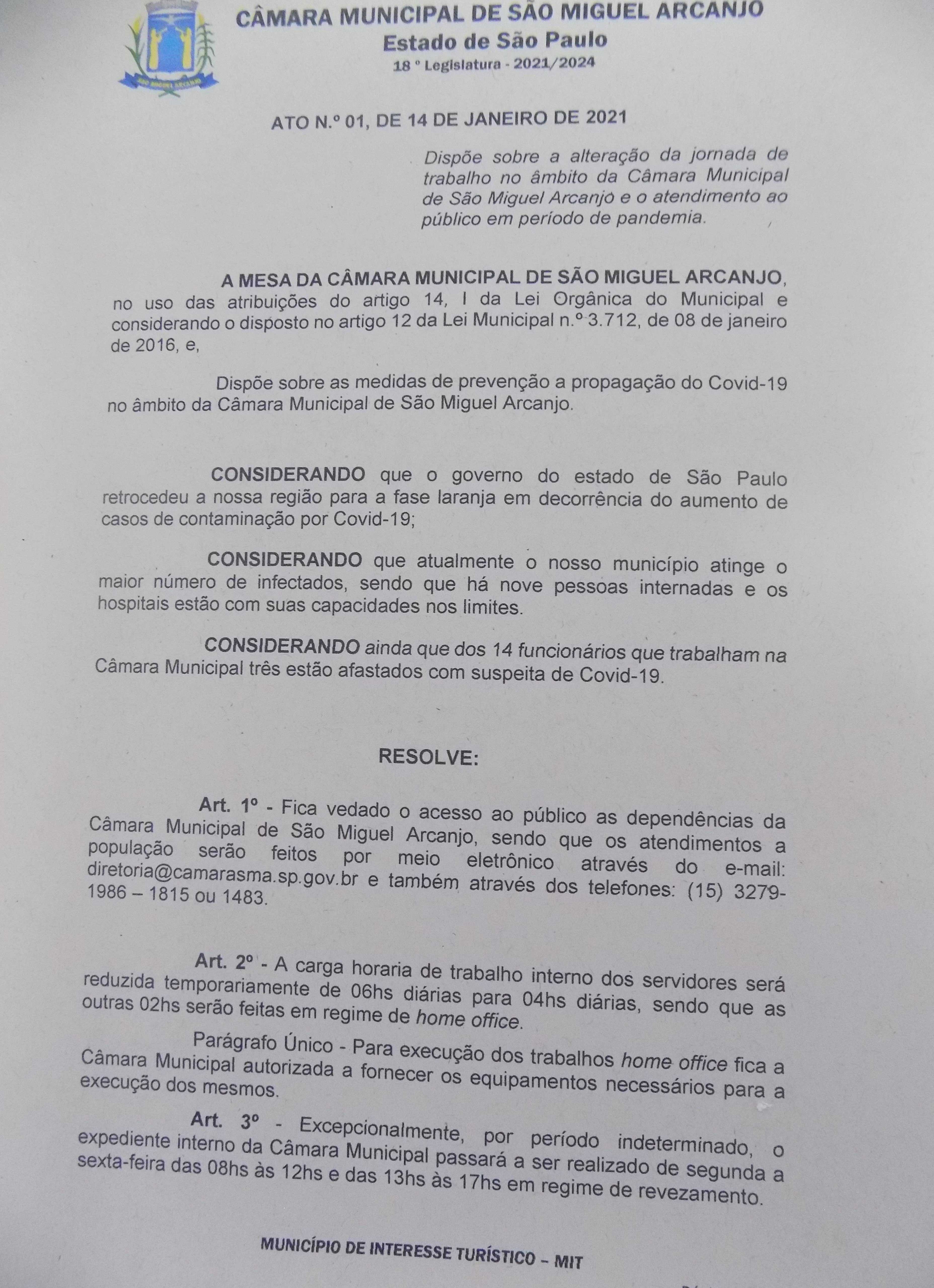 Câmara de São Miguel Arcanjo novamente reduz horário de expediente como forma de prevenção contra o novo coronavírus