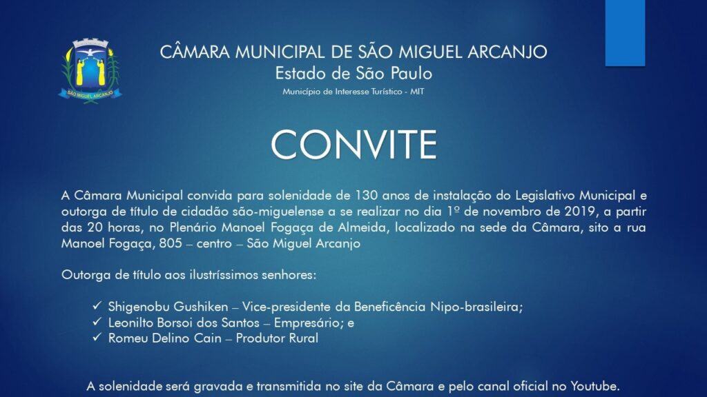 Convite - Sessão Solene de Aniversário do Legislativo Municipal