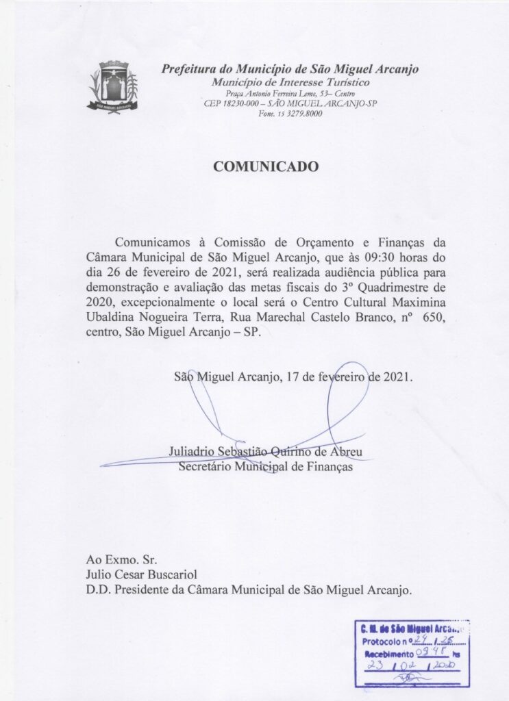 Prefeitura de São Miguel Arcanjo fará Demonstração e Avaliação das metas fiscais do 3º Quadrimestre de 2020