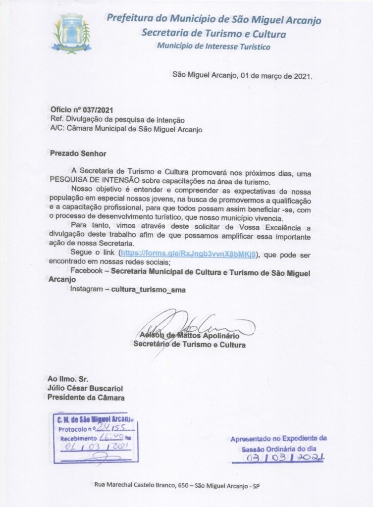 Secretaria Municipal de Turismo e Cultura de São Miguel Arcanjo realiza pesquisa para capacitação do setor turistico