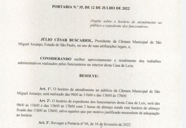 presidente da Câmara faz nova portaria para funcionamento e atendimento ao público da Câmara